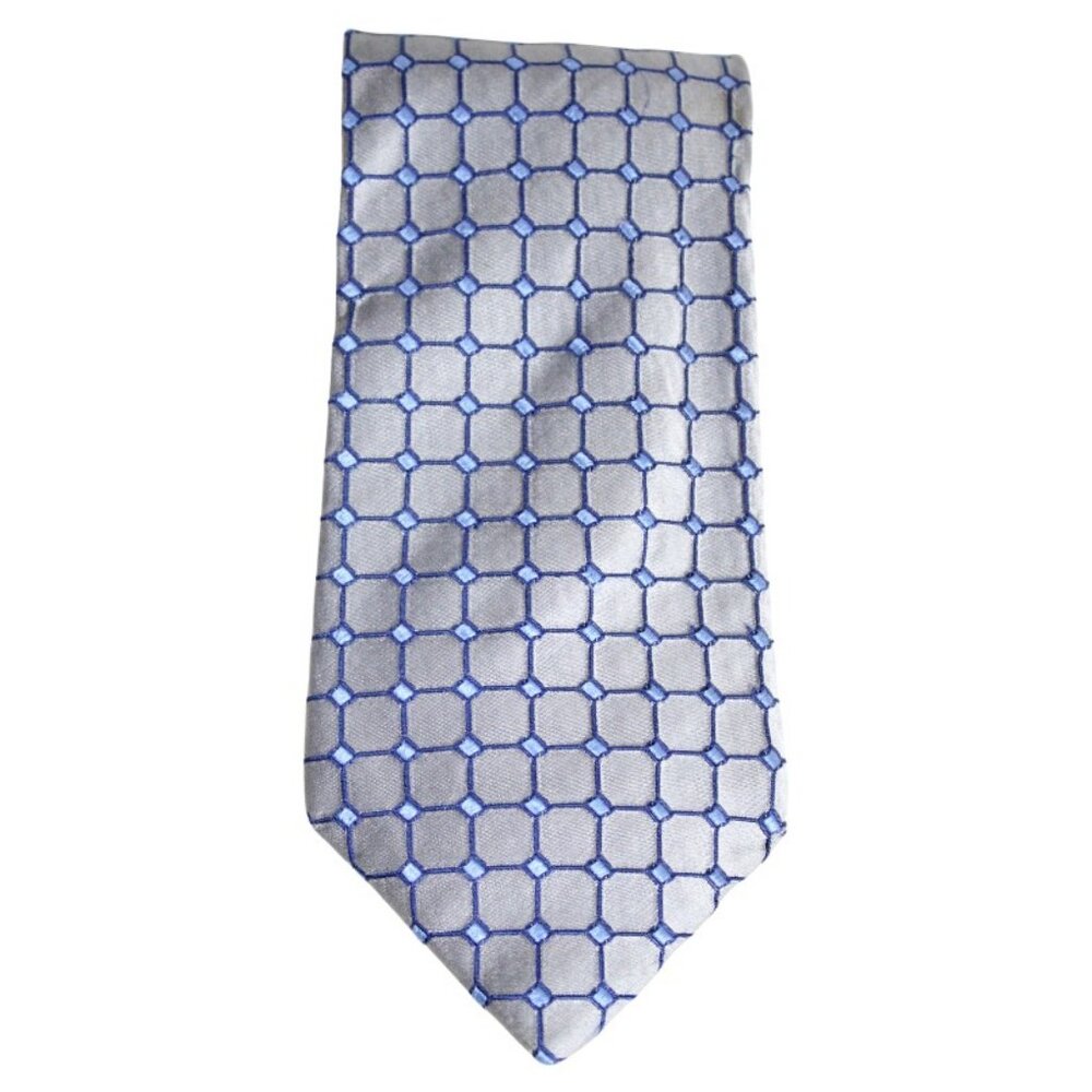 CANALI Tie 100% Silk -Made in Italy- Silver & Blue Square Pattern
